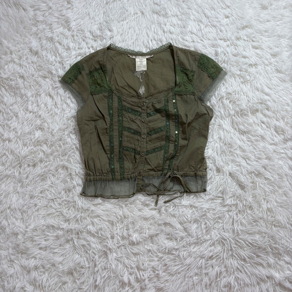 y2k sage green sequin lace ruffle embroidered top large